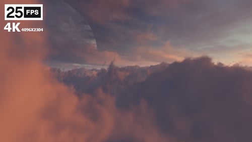 Flying Through Dreamy Clouds with Distant Planet at Sunset