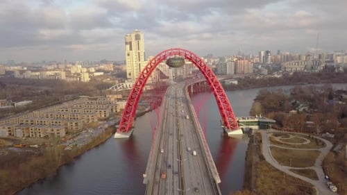 Metal Construction of Red Arch Cable Stayed Picturesque Bridge Over Moscow River