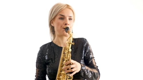 Woman Playing Saxophone with Black Sequined Shirt