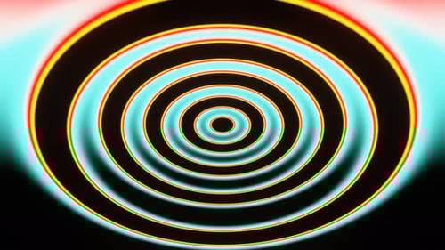 Abstract seamless loop of render yellow, blue and red neon mooving circle.