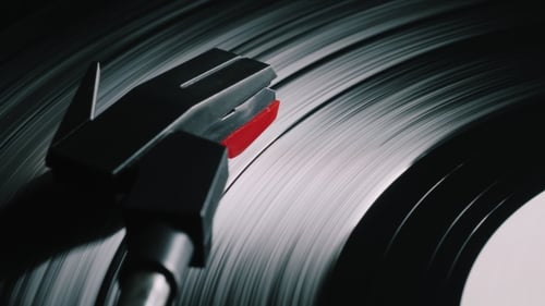 Vinyl Record Spinning on Turntable Close Up