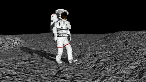 Astronaut Walks on Moon Surface Towards Earth in Space
