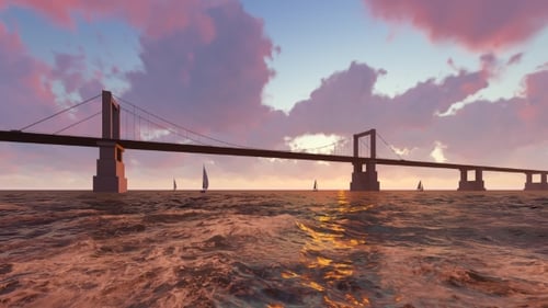Bridge and Raging Ocean with Boats