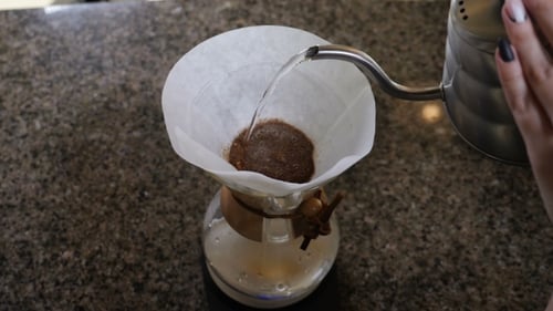 Pouring Water into Coffee Filter for Pour Over