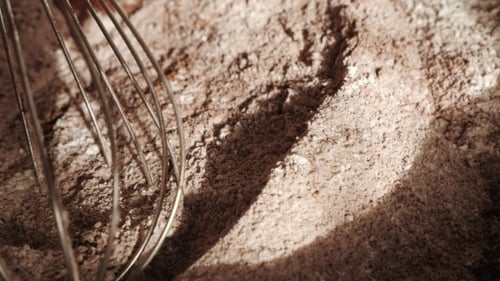 Whisk Mixing Cocoa Powder and Flour Close Up