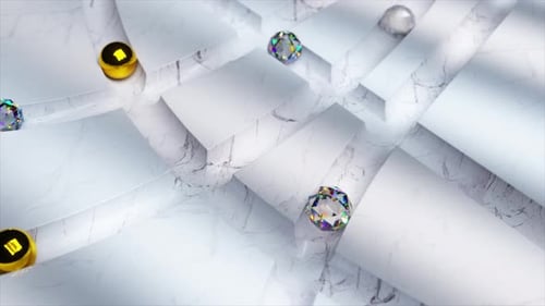 Diamond and Gold and Glass Balls Roll Through the White Marble Labyrinth
