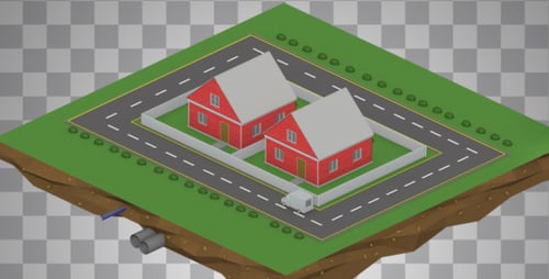Isometric Animation of Residential Area with Utilities and Roads