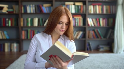 Cute Teen Girl of Female Student Learn . Smart 20s Blonde Model Read a Literature Turning Pages