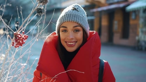 Portrait of a Stunning Girl in Grey Hat and Red Coat Smiling While She Stands on the Street Before