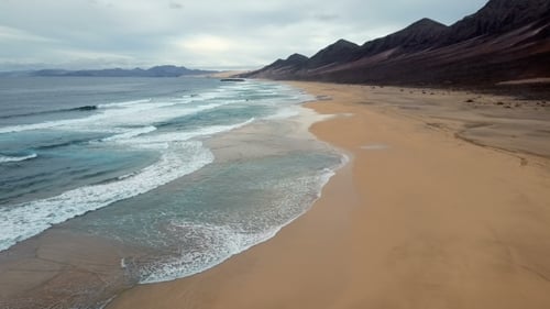 Flight Over Desert Beach on Fuerteventura Island, Spain