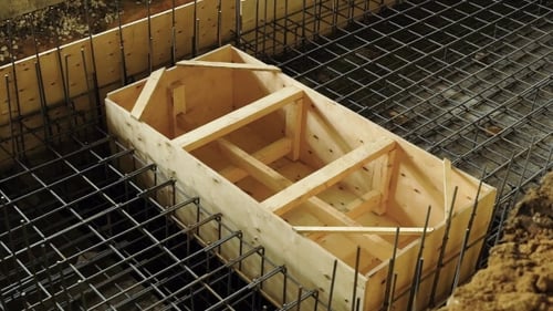 View of Metal Armature of Carcass and Wooden Formwork for Constructing a Reinforced Concrete