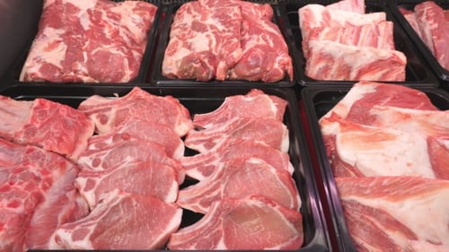 Showcase in the Store. Meat Pork, Beef, Poultry