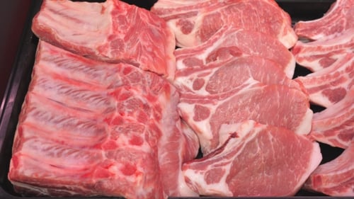 Showcase in the Store. Meat Pork, Beef, Poultry. in Retail.