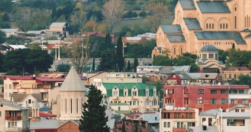 Tbilisi, Georgia. Sameba Complex, Holy Trinity Cathedral In Sunny Autumn Day