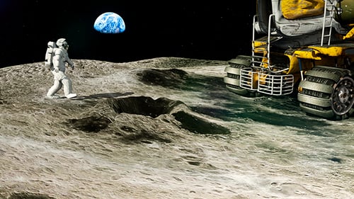Astronaut Walking on Moon Surface with Rover and Earth View