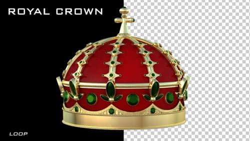 3D Rotating Golden Crown with Red Velvet and Green Emeralds