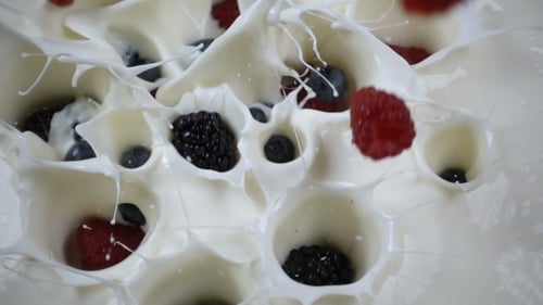 Fresh Berries Splashing into Creamy White Yogurt