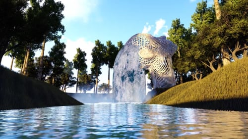 Surreal Abstract Head Waterfall in a Lush Forest River Scene