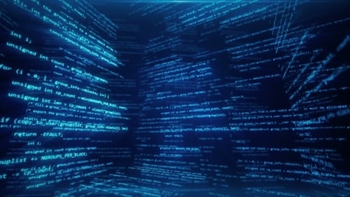 Espacio virtual con código en ejecución en forma de cubos