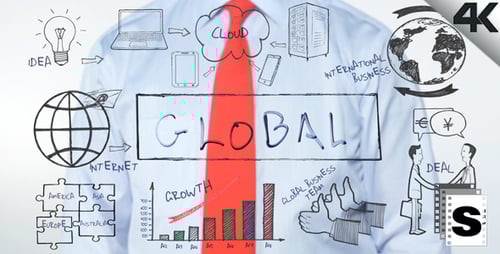 Hand Writes Global on Clear Surface With Drawings