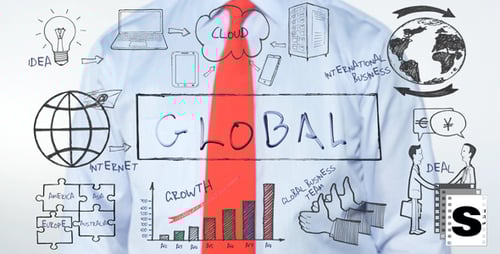 Man Writes Global on Screen Filled with Business Sketches