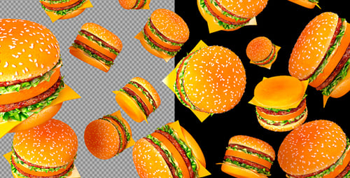 Delicious Hamburgers Falling and Rotating Transparent Background