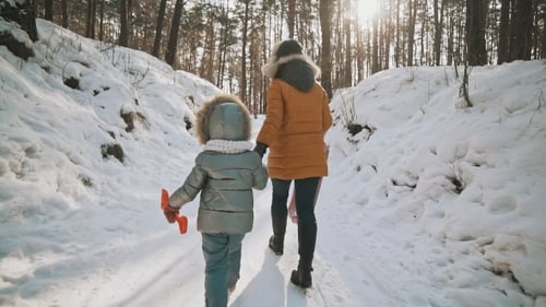 Back View Mother and Daughter Walk in Winter Park. Family Fun in