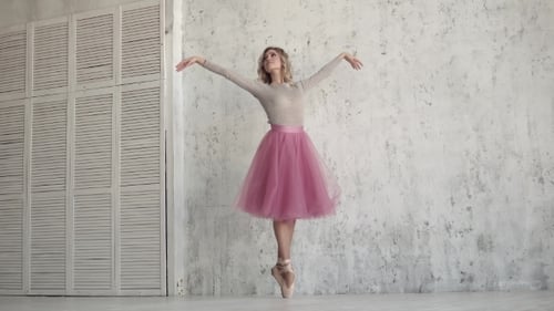Blonde Dancer in Pink Tutu Posing in Studio