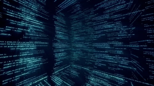 Espacio virtual con código en ejecución en forma de cubos