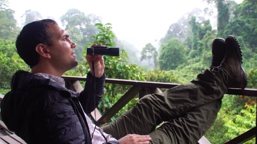 Male Tourist Watching with Binoculars in Forest Area. Bird Watching