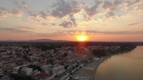 Aerial Panorama of Resort Town and Sea at Sunrise Nea Kallikratia, Greece