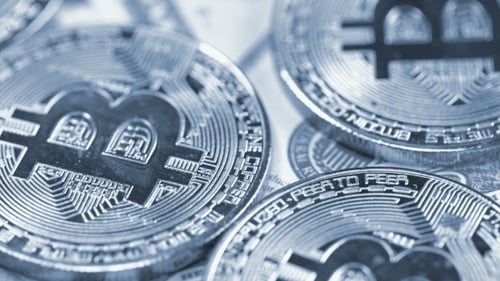Silver Bitcoin Cryptocurrency Coins Close Up