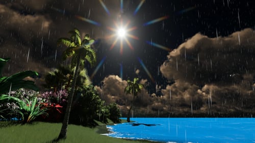 Tropical Landscape with Rain and Sun Flare Effect