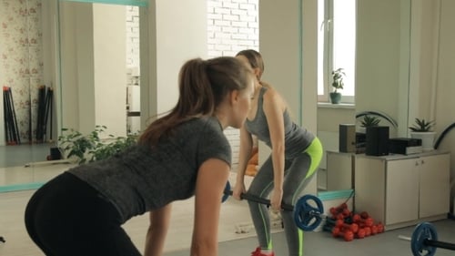 Young Women Do Exercises with a Barbell in the Gym