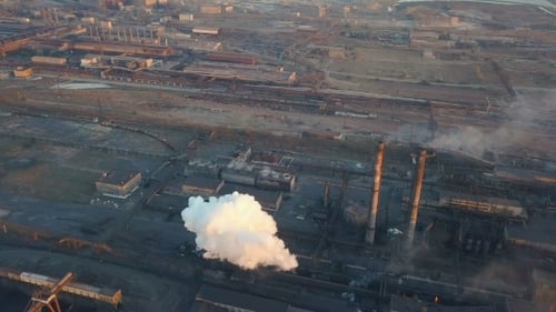 Emission To Atmosphere From Industrial Pipes Smokestack Pipes Shooted with Drone Aerial View