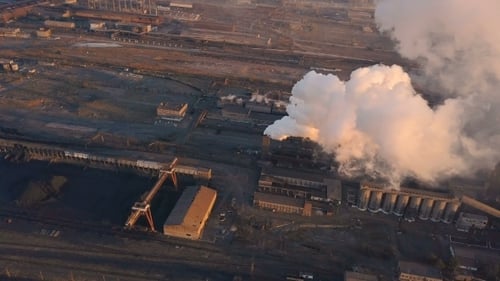 Emission To Atmosphere From Industrial Pipes Smokestack Pipes Shooted with Drone Aerial View