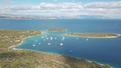 Aerial View of Cozy Mediterranean Island. Blue Lagoon, Island Paradise. Adriatic Sea of Croatia