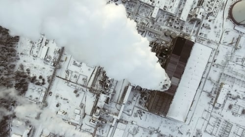 Flying Over the Large Pipe Plant for the Production of Thermal Energy Aerial. Breathtaking Aerial
