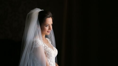 Smiling Bride in White Wedding Dress and Veil