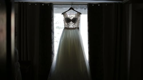 Bride Holds Wedding Dress in Front of Window