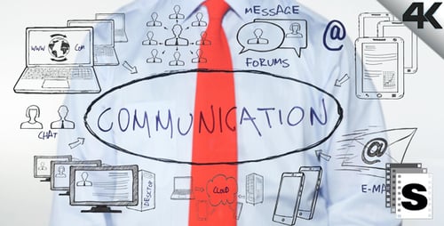 Businessman Drawing Communication Diagram on Glass Surface