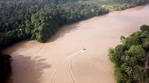Aerial View of Speedboat Sailing Along Tropical River