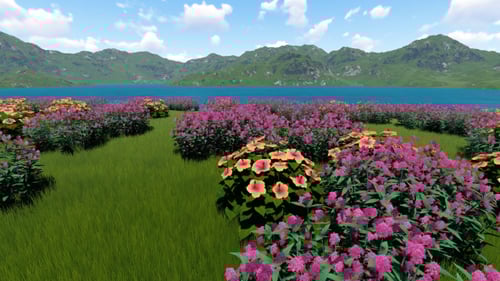 Animated 3D Landscape with Vibrant Flowers and Lake