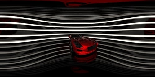 Red Sports Car Rotating on Futuristic Striped Background