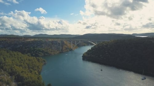 Aerial Panorama View with Bridge and Sea Around Islands