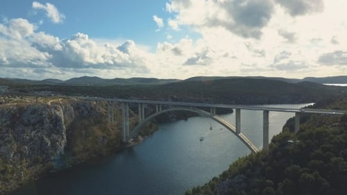 Aerial Panorama View with Bridge and Sea Around Islands. Beautiful Landscape Surrounded with Blue