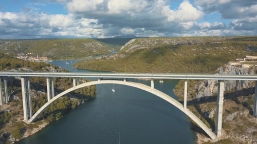 Aerial Panorama View with Bridge and Sea Around Islands Beautiful Landscape Surrounded with Blue