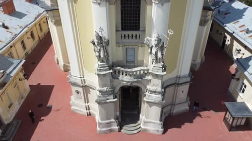Aerial drone view of a flying over the Catholic Cathedral.