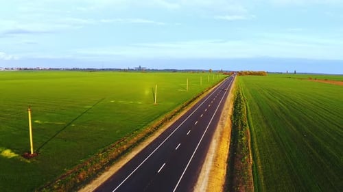 Summer Landscape with Green Field with Traffic on the Road