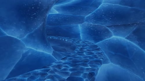 Concepto de aventura moviéndose dentro de la cueva azul mineral de piedra de color azul